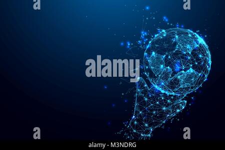 Abstract goalkeeper hands catching ball form lines and triangles, point connecting network on blue background. Illustration vector Stock Vector
