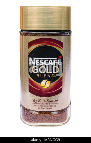 Nescafe Gold Blend instant coffee in a glass jar, UK. Cut out or isolated on a white background. Stock Photo