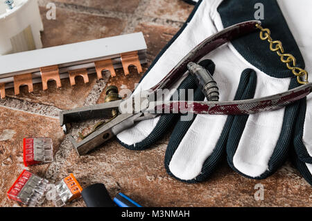 Tools for electricians crimpers and accessories, close-up Stock Photo