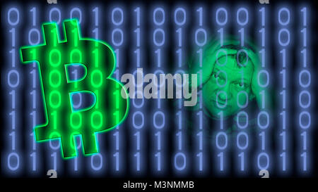 Bitcoin, crypto currencies and virtual worldwide payment system. Abstract background from binary code with BTC sign and a head of frustrated man. Stock Photo