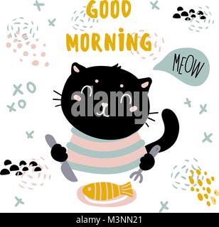 Good morning cat card. Pet have fish breakfast Stock Vector