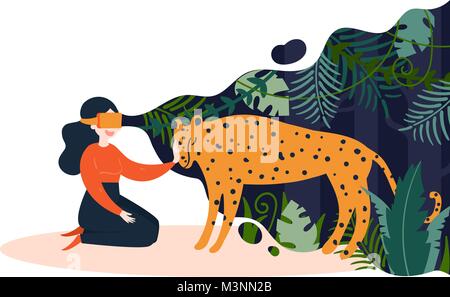 Girl in VR virtual reality glasses and jungle Stock Vector