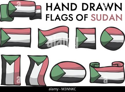 Set of Sudan Hand Drawn / Doodled  National Flags. High-Quality Vector Illustration. Grouped, Ready To Use! Stock Vector