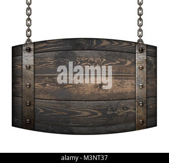 Vintage wood barrel signboard for restaurant hanging on chains isolated 3d illustration Stock Photo