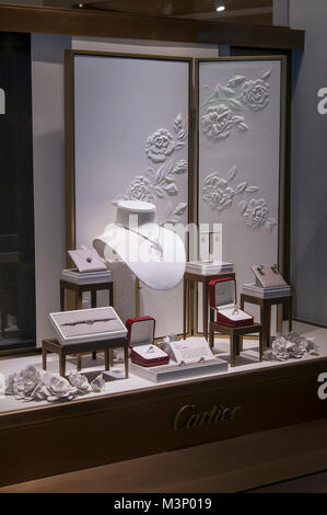 Las Vegas, Nevada.  Cartier jewelry window display in the Crystals at City Center Shopping Mall. Stock Photo