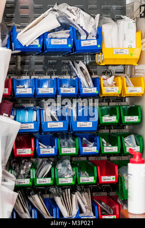 Fridley, Minnesota. Unity hospital.  Supply cabinet full of supplies in a hospital birthing room. Stock Photo