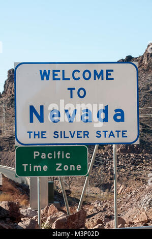 Nevada. State welcome sign with pacific time zone sign. Stock Photo