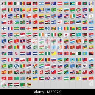 World national waving flags. Official country signs with names, countries  flag banners. International travel symbols, geography or language lesson  flags emblem. Isolated vector signs set Stock Vector