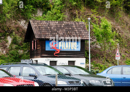 Alpnachstad , small wooden building wth Pilatus dragon poste, rMount Pilatus, , Lucerne , Central Switzerland