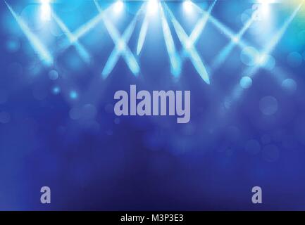 Spotlights lighting disco party stage with blured bokeh on blue dark background. Vector illustration Stock Vector