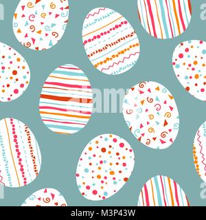white Easter eggs seamless pattern with simple pink, orange, red, blue stripes, patterns points, confetti, waves, flourishes Stock Vector
