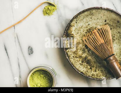 Japanese tools and bowls for brewing matcha tea, horizontal composition Stock Photo