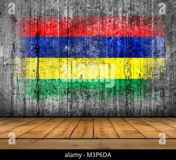 Mauritius flag painted on background texture gray concrete with wooden floor Stock Photo