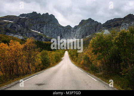 Scenic road on Lofoten islands in Norway on a sunny autumn day Stock Photo