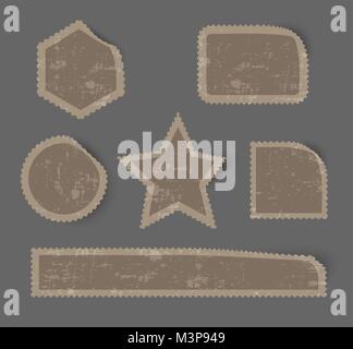 collection of blank aged postage stamps isolated on grey background, vector design element Stock Vector