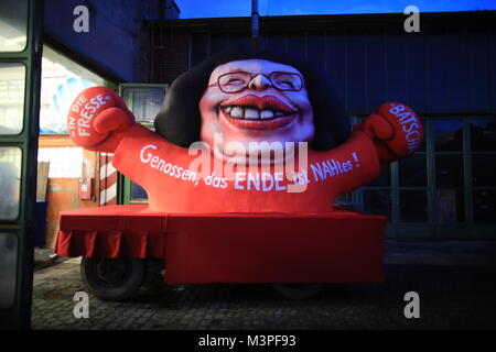 A political caricature float featuring 'Andrea Nahles, parliamentary party leader of the SPD' is prepared for the Rosenmontag (Shrove Monday) carnival procession in Duesseldorf, Germany, 12 Febraury 2018. Photo: Marcel Kusch/dpa Stock Photo