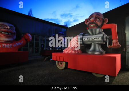 A political caricature float featuring 'Martin Schulz, currently still leader of the SPD' is prepared for the Rosenmontag (Shrove Monday) carnival procession in Duesseldorf, Germany, 12 Febraury 2018. Photo: Marcel Kusch/dpa Stock Photo