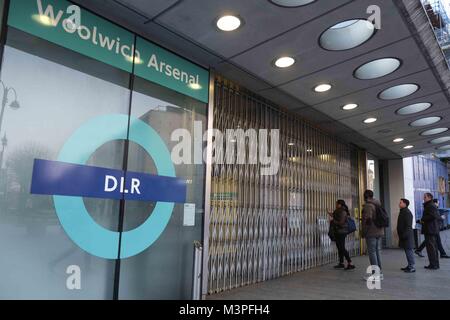 London, UK. 12th Feb 2018.  Woolwich Arsenal DLR  is closed due to a WW2 bomb being discovered in the River Thames nearby.Credit: Claire Doherty/Alamy Live News Stock Photo