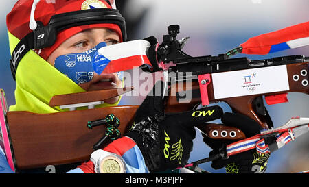 Pyeongchang, South Korea. 12th Feb, 2018. Czech biathlete Veronika Vitkova shoots prior to the biathlon pursuit race, 10 KM, women, within the 2018 Winter Olympics in Pyeongchang, South Korea, February 12, 2018. Credit: Michal Kamaryt/CTK Photo/Alamy Live News Stock Photo