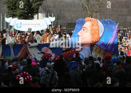 The first Jewish caricature float takes part in the Rosenmontag (Shrove Monday) carnival procession in Duesseldorf, Germany, 12 Febraury 2018. The caricature float is from the Jewish Community Duesseldorf. Photo: Ina Fassbender/dpa Stock Photo