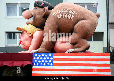 Duesseldorf, Germany. 12th February, 2018. Carneval, Rose Monday Parade: US President Donald Trump on a float during the Rose Monday Parade in Duesseldorf, Russian affair. Credit: UKraft/Alamy Live News Stock Photo