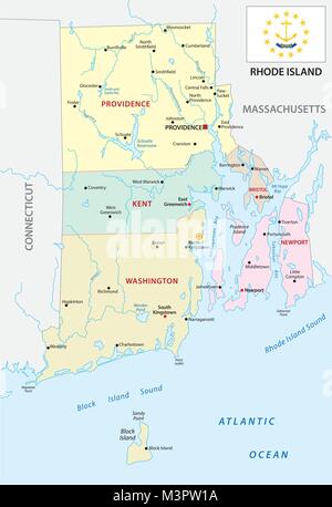 rhode island county and city vector map with flag Stock Vector