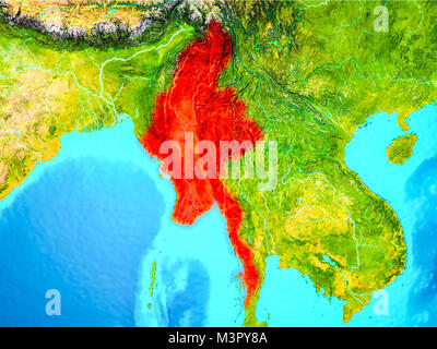 Myanmar highlighted in red on planet Earth. 3D illustration. Elements of this image furnished by NASA. Stock Photo