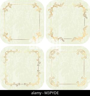 Set of four gold calligraphic floral frames on very light gentle tones background. Stock Vector