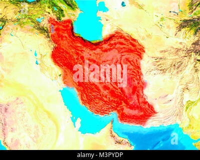 Iran highlighted in red on grey political globe with transparent oceans