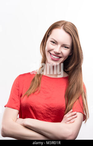 Beautiful Woman Folding Her Arms Across Her Chest Stock Photo Alamy   Ginger Haired Woman Folding Her Arms Across Chest M3r01r 