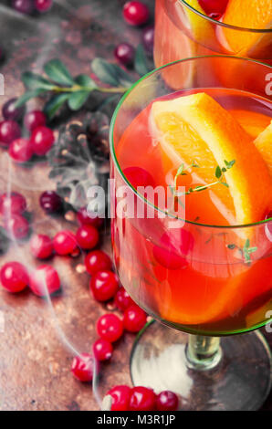 Sangria with orange and berries in glass.Mulled wine concept Stock Photo