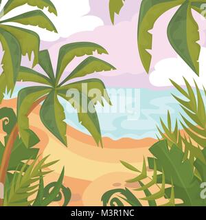 Summertime on the beach. Palms and plants around.Cartoon vector illustration. Summer vacation on sea coast Stock Vector