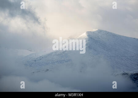 The Ski slopes of Aonach Mor (Nevis Range) seen at sunrise from the Commando Memorial near Spean Bridge, Scotland, UK Stock Photo