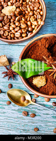 Roasted and ground coffee in bowls. Coffee assortment Stock Photo