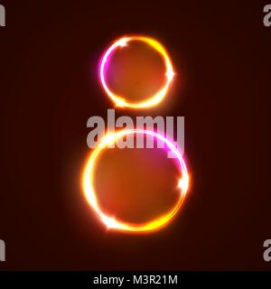 Two neon glowing circles. Decoration for international womens day 8 march. Bright banner on dark red background. Greeting card for women day design. Neon colorful vector illustration with flash light. Stock Vector