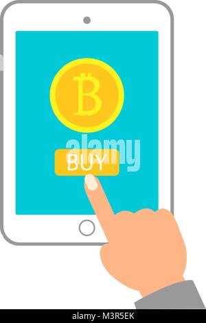 Crypto Currency Technology Bitcoin Exchange Concept Hand Holding Digital Tablet Buy Modern Web Money Bit Coins Vector Illustration Stock Vector