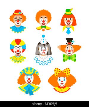 Clown faces different avatars. Vector flat icons. Cartoon illustration. Circus men and girl smiling portraits with different makeup, hair and hats Stock Vector