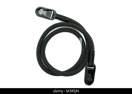 Black camera strap hand made design climbing rope strength for photographer on white isolated background Stock Photo