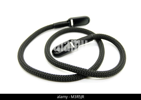 Black camera strap hand made design climbing rope strength for photographer on white isolated background Stock Photo