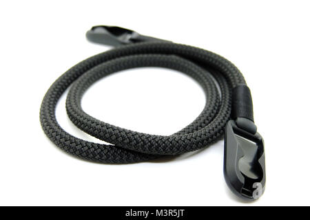 Black camera strap hand made design climbing rope strength for photographer on white isolated background Stock Photo
