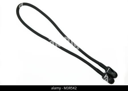 Black camera strap hand made design climbing rope strength for photographer on white isolated background Stock Photo