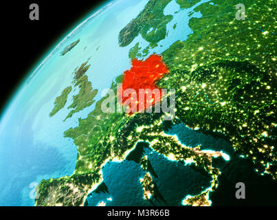 Evening over Germany as seen from space on planet Earth. 3D illustration. Elements of this image furnished by NASA. Stock Photo