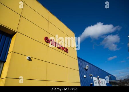 IKEA entrance sign on yellow wall outside store. Warrington, UK. Taken 12th February 2018 after IKEA founder Ingvar Kamprad died aged 91. Stock Photo