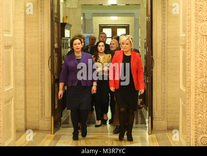 Sinn Fein's president Mary Lou McDonald (left) and Sinn Fein's vice president Michelle O'Neill, prior arrive to speak to the media at Stormont Parliament buildings as Prime Minister Theresa May and Taoiseach Leo Varadkar are holding crunch talks at Stormont House amid growing speculation that a deal to restore powersharing is edging closer. Stock Photo