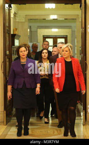 Sinn Fein's president Mary Lou McDonald (left) and Sinn Fein's vice president Michelle O'Neill, prior arrive to speak to the media at Stormont Parliament buildings as Prime Minister Theresa May and Taoiseach Leo Varadkar are holding crunch talks at Stormont House amid growing speculation that a deal to restore powersharing is edging closer. Stock Photo