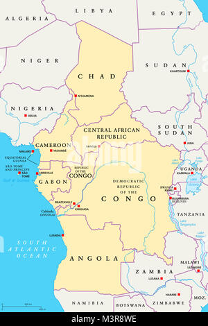 Central Africa region, political map. Area with capitals, borders, lakes and important rivers. Core region of the African continent. Stock Photo