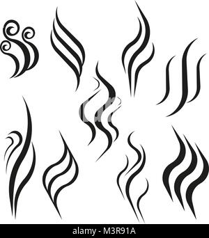 Smell aroma and heat sign set. Odor and scent or hot vapor silhouettes. Smoke hot vector icon isolated on white background. Stock Vector
