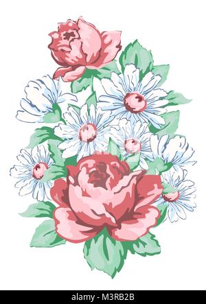 Flowers hand drawn, floral embroidery design, fabric print, vector floral ornament. Hand drawing flower composition from roses and chamomile, buds, petal, stem and leaves isolated on white background Stock Vector