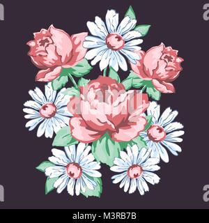 Flowers hand drawn, floral embroidery design, fabric print, vector floral ornament. Hand drawing flower composition from roses and chamomile, buds, pe Stock Vector