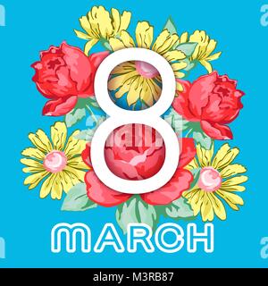 8 March. Happy women's day greeting card, holiday vector floral banner. White 8 on a hand drawn floral ornament from flowers of roses and chamomiles,  Stock Vector